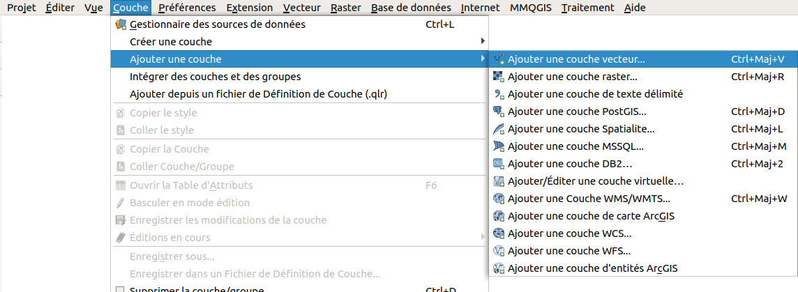 Menu Couche, ajouter une couche vecteur