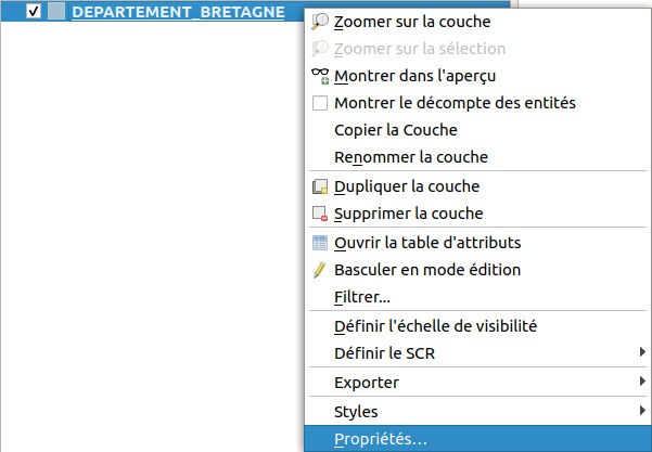Clic-droit sur une couche, propriétés