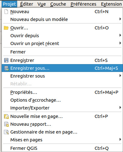 Menu Projet, sauvegarder sous
