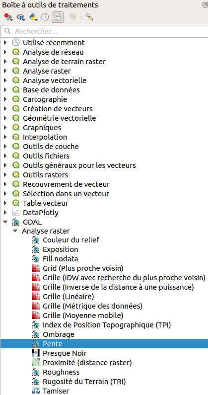 Menu Raster, Analyse, MNT/DEM (Modèles de terrain)