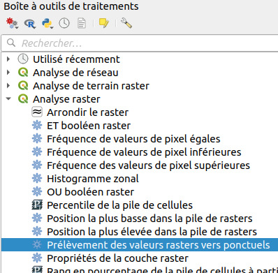 Emplacement de l'outil Prélever des valeurs raster dans la boîte à outils